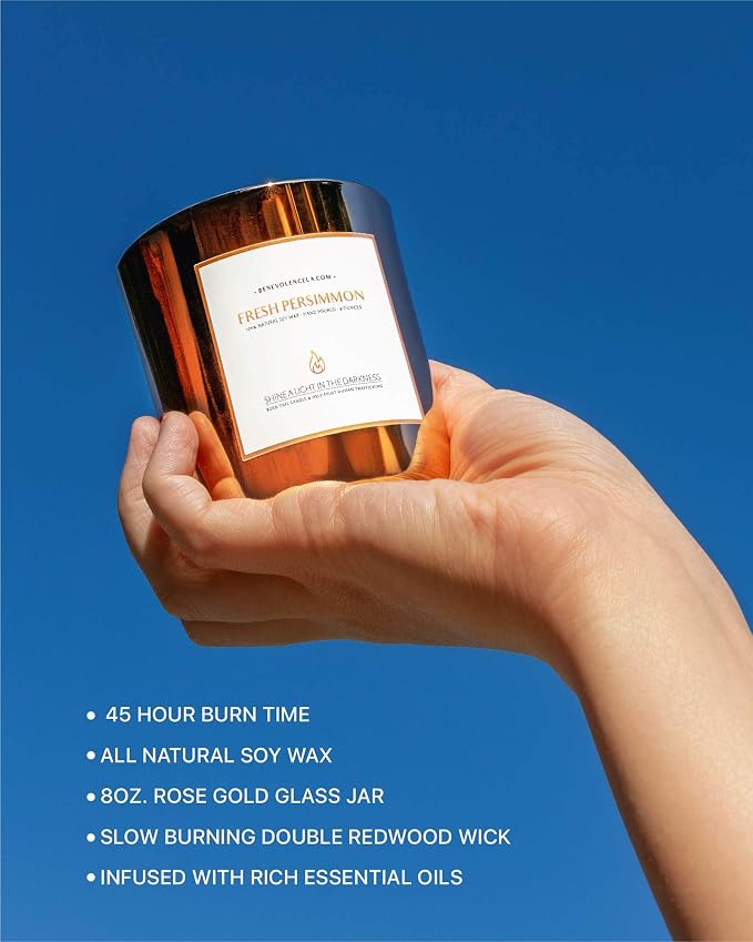 Benevolence LA Premium Fresh Persimmon Scented Candle – Long-Lasting, 45-Hour Burn – Luxury Natural Soy Wood Wick Candle for Home – Aromatherapy & Room Decor – 8oz