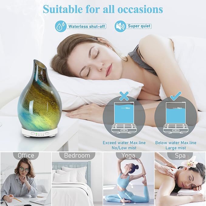 Essential Oil Diffuser 150ML Glass Aromatherapy Diffuser with 4 Timer Settings & 7 Color Changing Lights, Auto Shut-Off, Ultra Quiet Oil Diffuser for Home, Office, Yoga, Spa