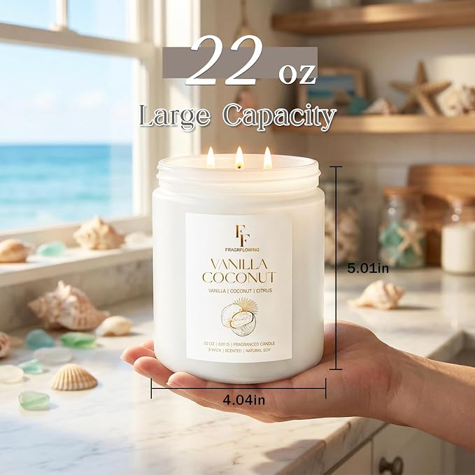 Vanilla Coconut Large Scented Candle, 3-Wick 22oz Long Lasting Scented Candle, Natural Soy Wax Aromatherapy Candle for Home, Candle Gifts for Women Men