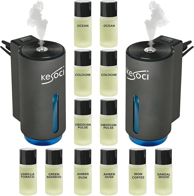 2 Smart Car Air Freshener Diffusers – Rechargeable Auto Scent Device Set with 12 Refills – Anti-Leak System, 3 Spray Modes & Motion Sensor Auto On/Off