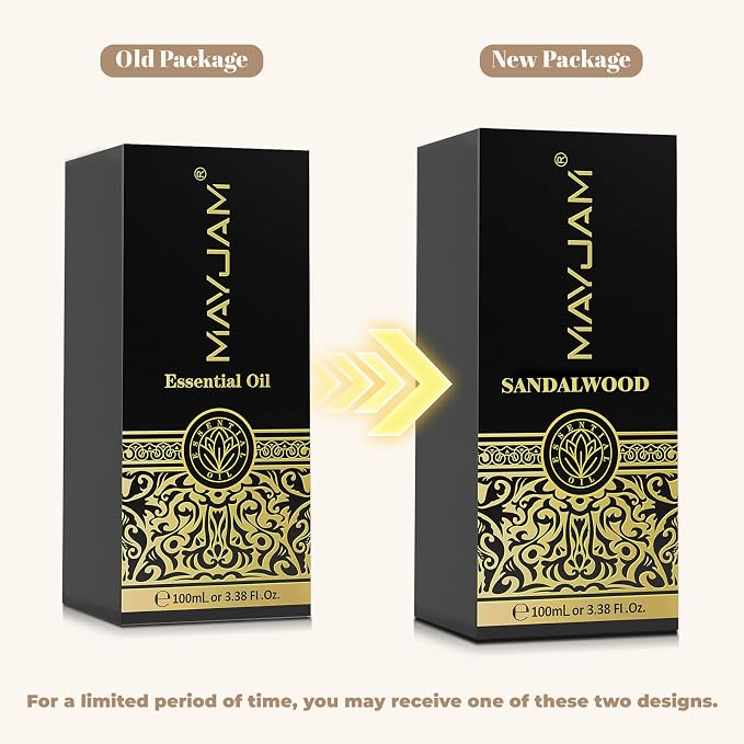 Sandalwood Essential Oil, 3.38FL.OZ Pure Essential Oils by MAYJAM, Large Volume Sandalwood Oil, Perfect for Aromatherapy Diffuser, Great for DIY Candle and Soap Making