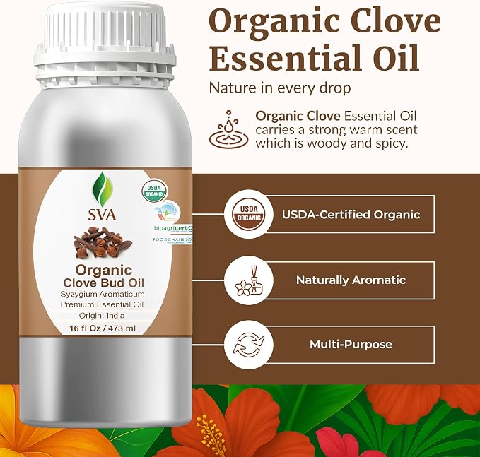 SVA Clove Essential Oil Organic– 16 Fl Oz – 100% Natural Clove Oil - for Diffuser, Hair Care, Face, Skin Care, Aromatherapy, Scalp and Body Massage, Soap and Candle Making
