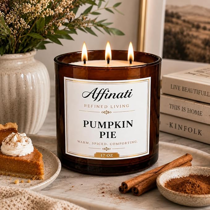 Affinati Pumpkin Pie 3 Wick Scented Candle – Large Soy Blend Candle, Strong Scent Throw Warm Autumn Spiced Fruit Dessert Gourmand Bakery Candle, Premium Fall Holiday Gift