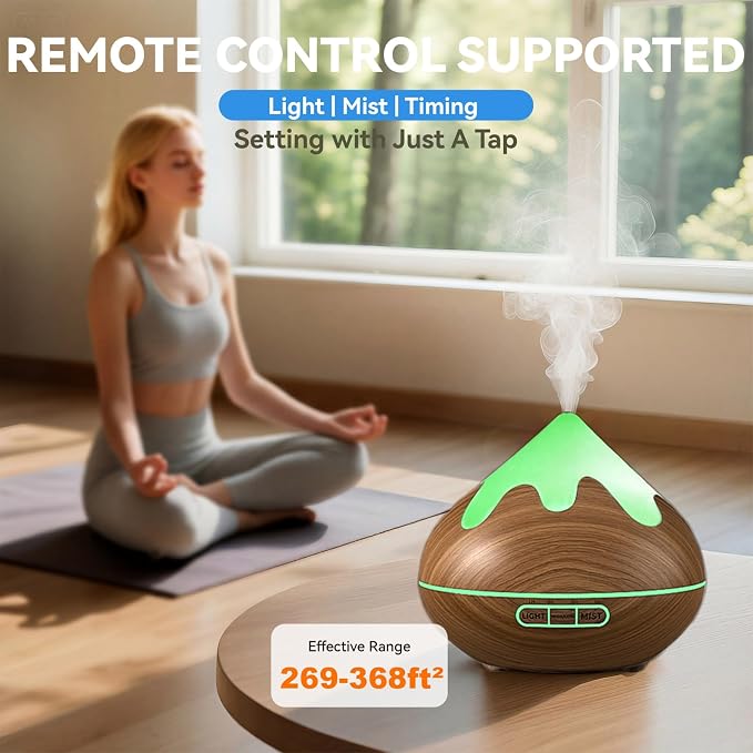 500ML Essential Oil Diffuser, Ultrasonic Aromatherapy Diffuser with Remote Control, Air Diffusers for Home Office Room, Fragrance Aroma Diffuser with 7 Color LED & 2 Mist Mode, Mocha Brown