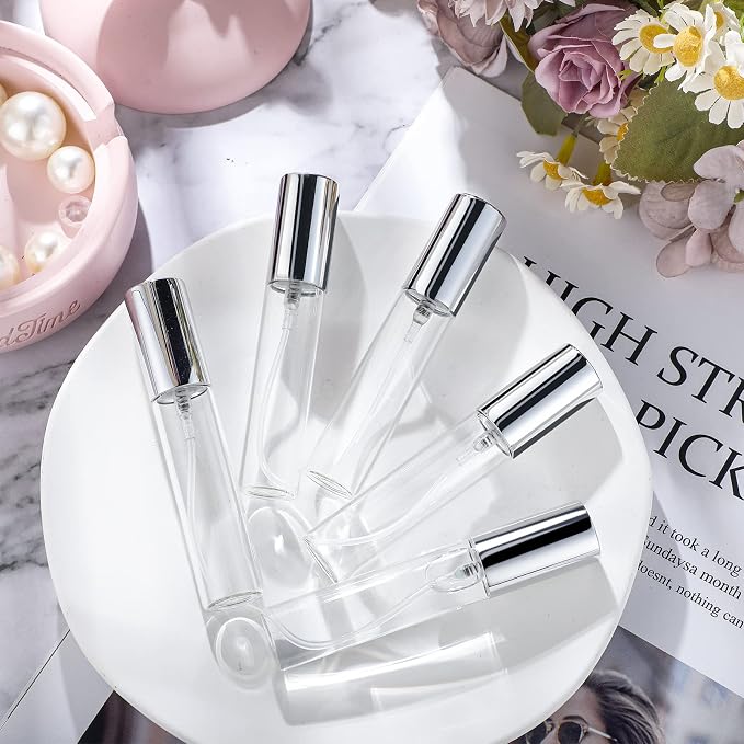 Yinder 25 Pcs 10ml Travel Spray Bottle Refillable Perfume Atomizer Bulk Glass Mini Cologne Perfume Bottles Empty Fine Mist Portable Small Sample Containers(Silver)