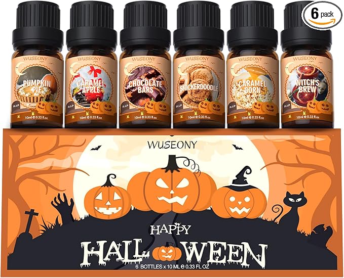 WUSEONY Halloween Fragrance Oils Set, Essential Oils for Diffusers Home, Scented Oils for Candle Soap Making - Pumpkin Pie, Caramel Apple, Chocolate Bars, Snickerdoodle, Caramel Corn, Witch's Brew