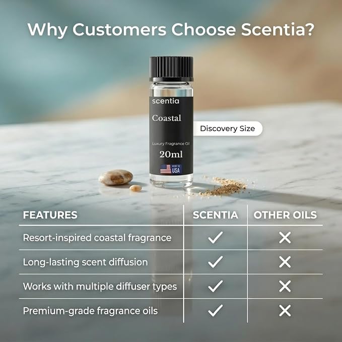 Scentia Coastal (Cabana) Aromatherapy Oil for Diffuser – Hotel Scent Inspired by 5-Star Spa – 20 mL – Jasmine, Bergamot & Sea Breeze Natural Fragrance Oil for Waterless & Cold Air Diffusers