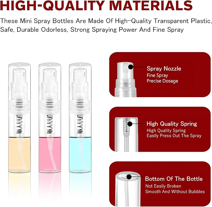 Mini Spray Bottle, Clear Plastic Empty Sample Containers, Fine Mist Perfume Travel Refillable Spray Bottle Perfume Atomizer Small Portable Bottle for Cleaning, Travel, Essential Oils(120, 2ml)