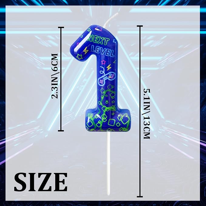 Number 1 Birthday Candle for Cake – Blue Gaming Theme Number Candle with “Next Level” Design, Video Game Style Cake Topper for Anniversary & Celebration