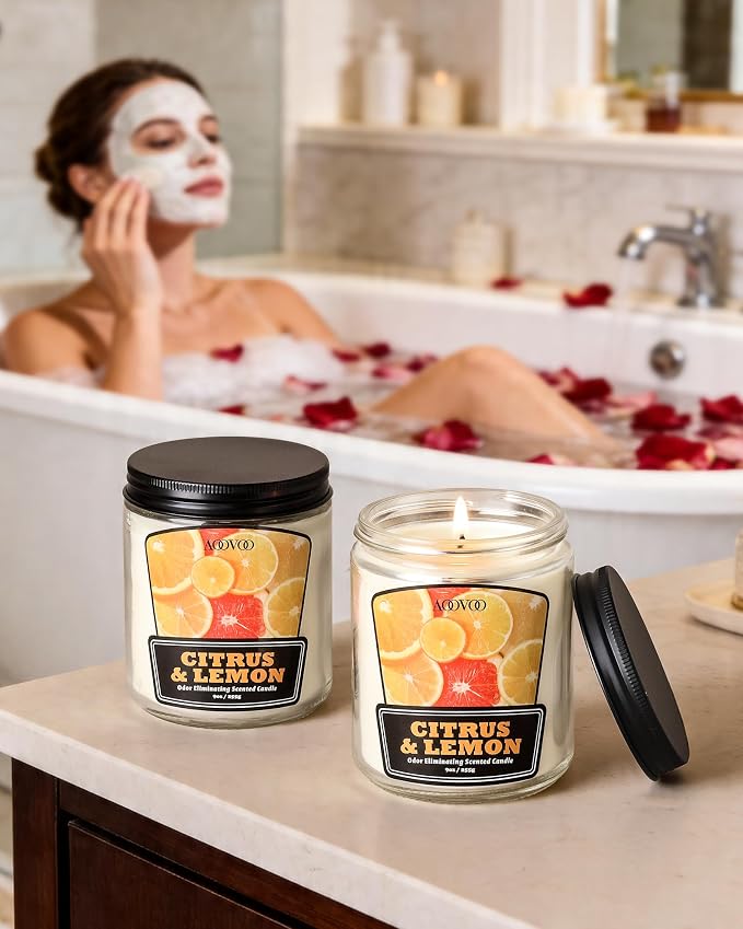 AOOVOO Citrus Lemon 2 Pack Odor Eliminating Candle - Up to 100 Hours Burn time, Eliminates 95% of Pet, Smoke, Food, and Other Smells Quickly, 18 oz Non Toxic Highly Fragranced Air Freshing Soy Candle