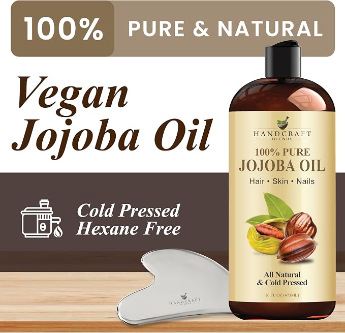 Handcraft Blends Jojoba Oil | with Stainless Steel Gua Sha | Ayurvedic Skin Care | Premium Grade Carrier Oil | Face | Skin | Hair | Massage | Cold-Pressed | Hexane-Free | 16 Fl Oz