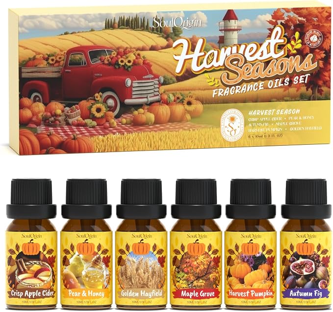 Soulorigin Harvest Fragrance Oils Set, Essential Oil for Diffuser, Fall Diffuser Oil, Use for Soap Candle Making-Crisp Apple cider, Pear&Honey, Golden Hayfield, Maple Grove, Harvest Pumpkin,Autumn Fig