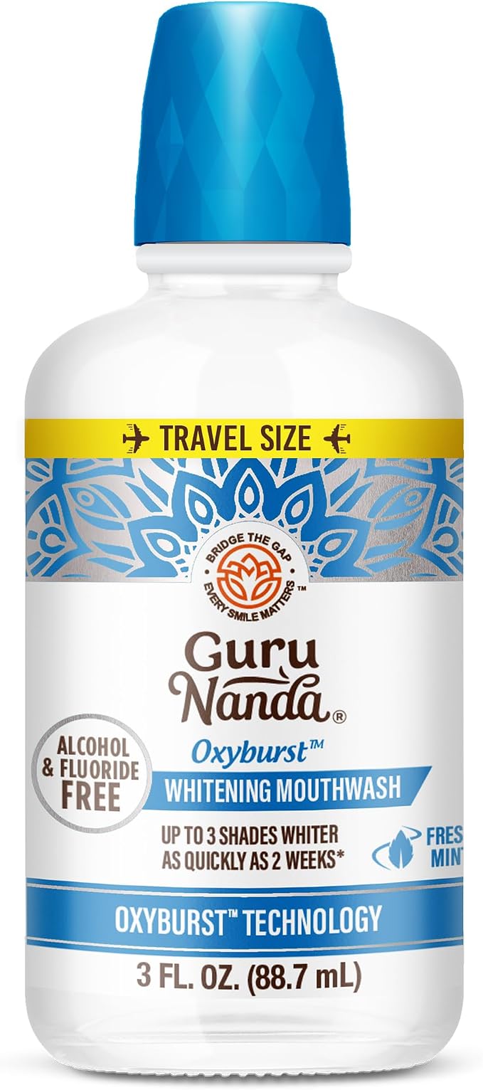 GuruNanda Whitening Mouthwash – Up to 3 Shades Whiter Teeth in 2 Weeks – Alcohol & Fluoride Free Travel Mouthwash with Hydrogen Peroxide – Oxyburst Technology, TSA Friendly, Wild Mint, 3 oz