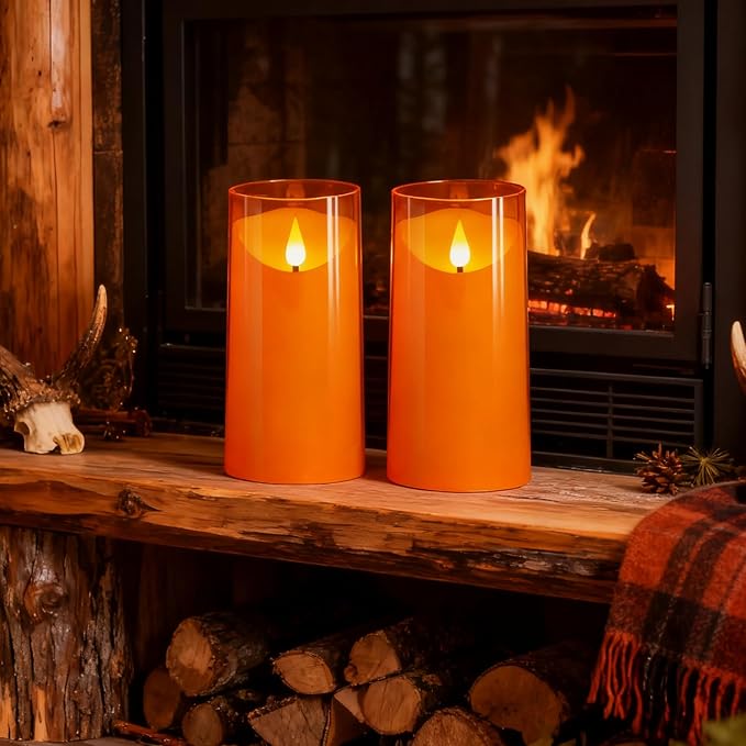 NURADA Flameless Candles with Remote and Timer - 3D Wick Unbreakable Acrylic Battery Operated LED Pillar Battery Candles for Fall Thanksgiving Dinner Tables Wedding Party Home Decor - Orange 2 Pack
