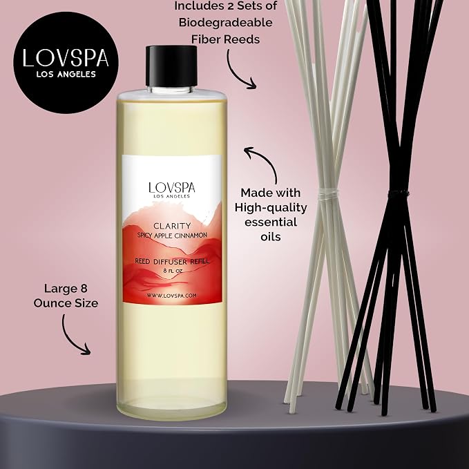 Spicy Apple Reed Diffuser Oil Refill, 8 oz, Room Scent, Hotel Aroma | Macintosh apple, cinnamon, and clove bud profile, includes replacement reeds, guest bathroom, shelf decor, entryway