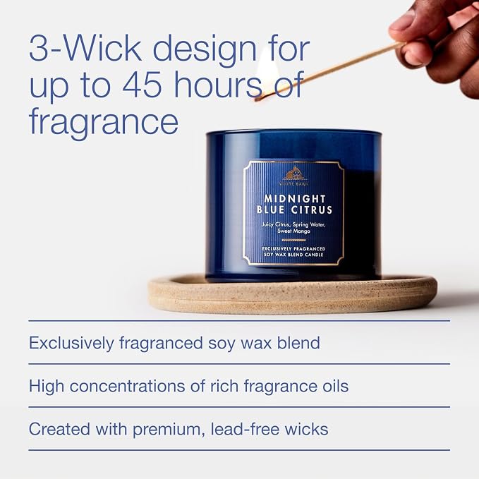 Bath & Body Works Midnight Blue Citrus 3-Wick Candle - Scented Candle for At-Home Use - Long-Lasting, Room-Filling Fragrance - High Fragrance Oil Concentration - Soy Wax Blend