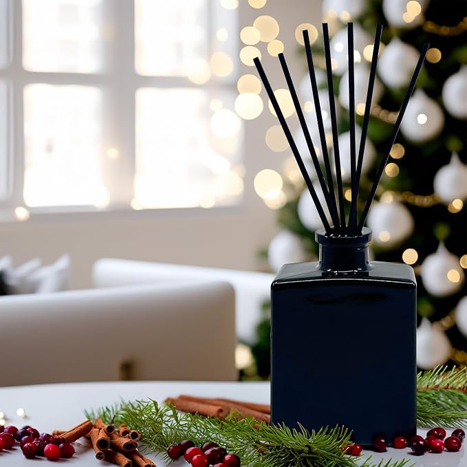 Urban Naturals Holiday Cheer Reed Diffuser Set – Cranberry, Cinnamon, Evergreen, Cedar & Smokey Wood – 5 Ounce Sleek Black Rectangular Refillable Glass Bottle – Made in the USA