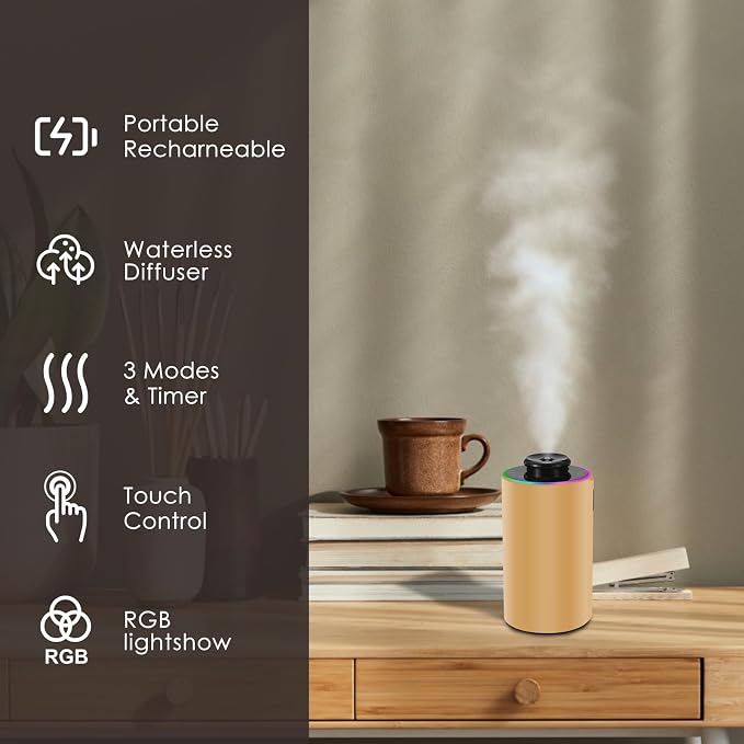 Waterless Essential Oil Diffuser with 8 Color LED Night Light, 3 Mist Levels & Timers, Portable Rechargeable Aromatherapy Diffuser for Home Car Room Studio Office, Metal (Gold)