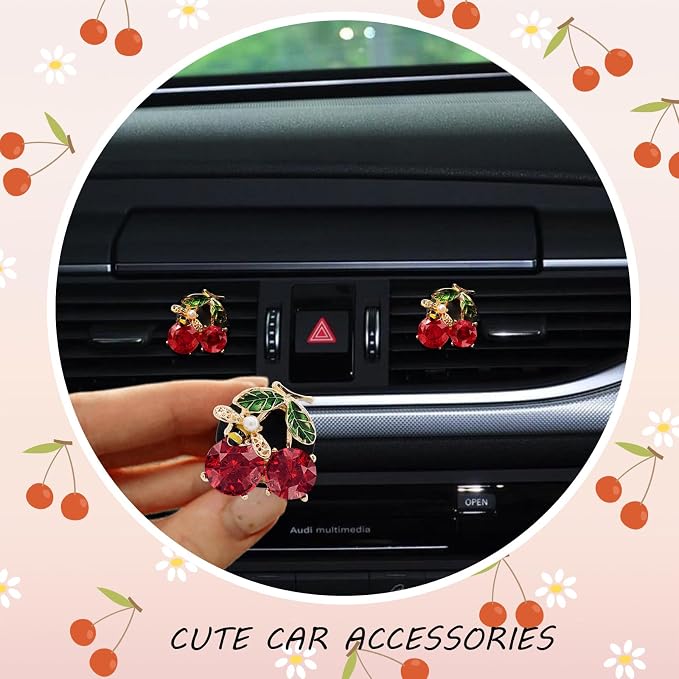 ORIESSE Cherry Car Decor,2pcs Bee Leaf Cherry Car Air Freshener Vent Clips,Cute Retro Sweet Themed DashBoard Decoration Accessories for Women Teens,Refillable Aroma Diffuser