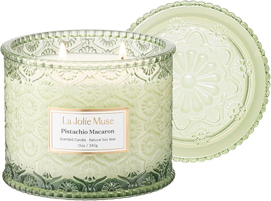 LA JOLIE MUSE Pistachio Macaron Scented Candles for Home, Soy Wax, 2-Wick | Large Jar Luxury Candles, Clean Non Toxic, Gift for Women & Men, Decorative Gourmand Candle, Pretty Candle, Vanilla Milk,12oz
