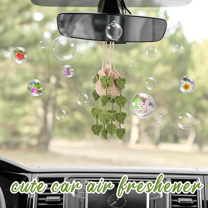 DaisyInner Cute Crochet Plant Car Freshener 12ml Empty Refillable Diffuser Bottle with Plants Hanging Accessories for Ornaments Charms Rearview Mirror Home Office Decor Women Gifts(Leave)
