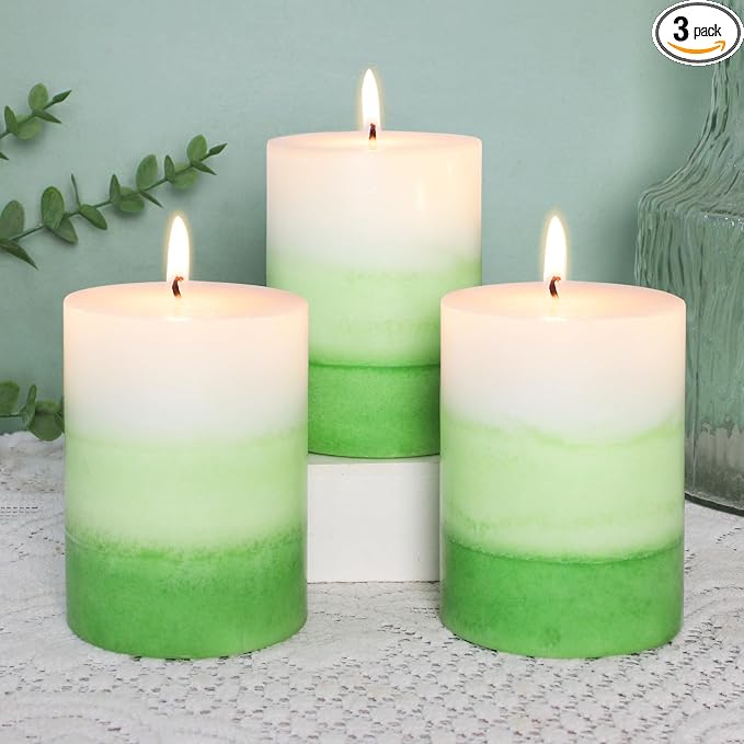 Pillar Candles 3x4 Inch Eucalyptus Scented Hand-Poured Layered Green Gradient Candle Long Lasting Clean Burn Candle for Home Scented Relaxation Spa Holiday Dinner Table Rustic Decor, 3 Pack