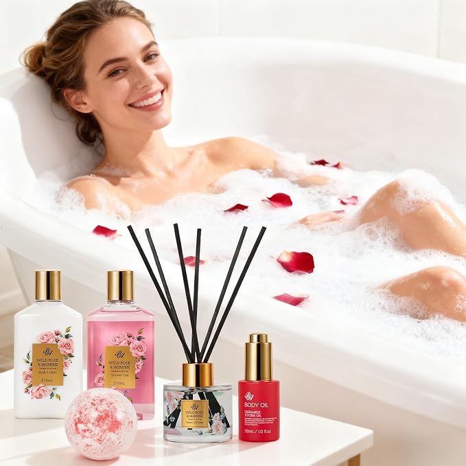 35 Pcs Mothers Day Gifts Baskets for Mom, Red Rose Bath and Body Basket Gift for Women, Face Skin Care Kit, Home Spa Self Care Basket, Diffuser, Necklace, Birthday, Christmas, Anniversary, Wife