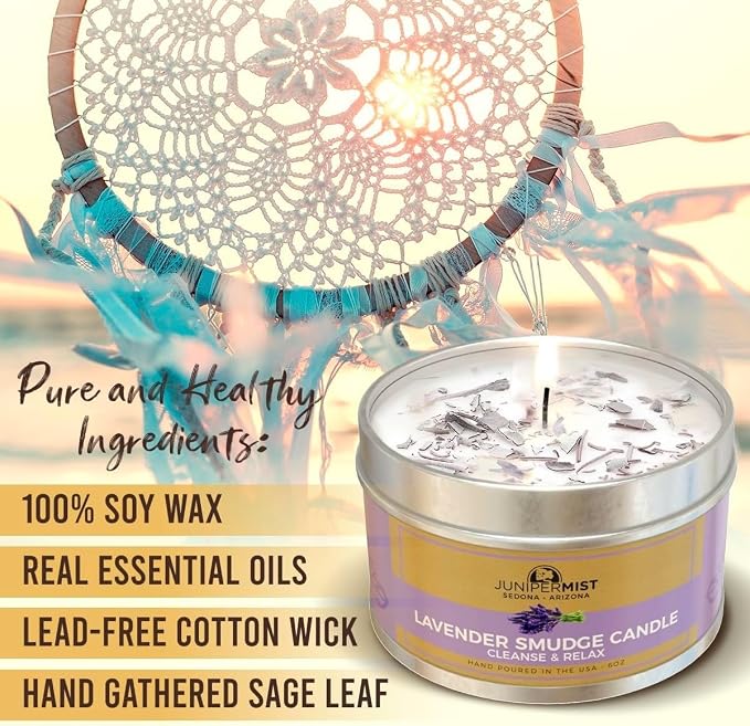 Lavender Sage Smudge Candle (6oz) Soothe & Reset - Pure Sage Energy Cleansing Candle for House Cleansing Negative Energy, Meditation – Spiritual for Protection & Intention –Soy Wax - USA Made