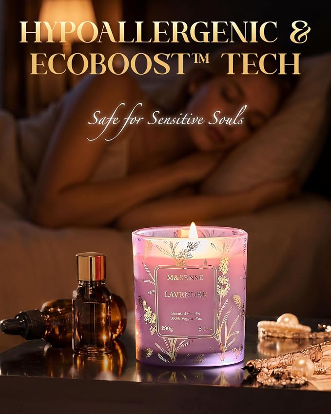 M&SENSE Lavender Candles Vegan Soy, 8.1oz Lavender Scented Candles for Summer Relaxing Bathtub Aromatherapy Calming Sleep, 42-Hour Long Lasting Candle Non Toxic for Home, Fancy Gifts for Women & Men