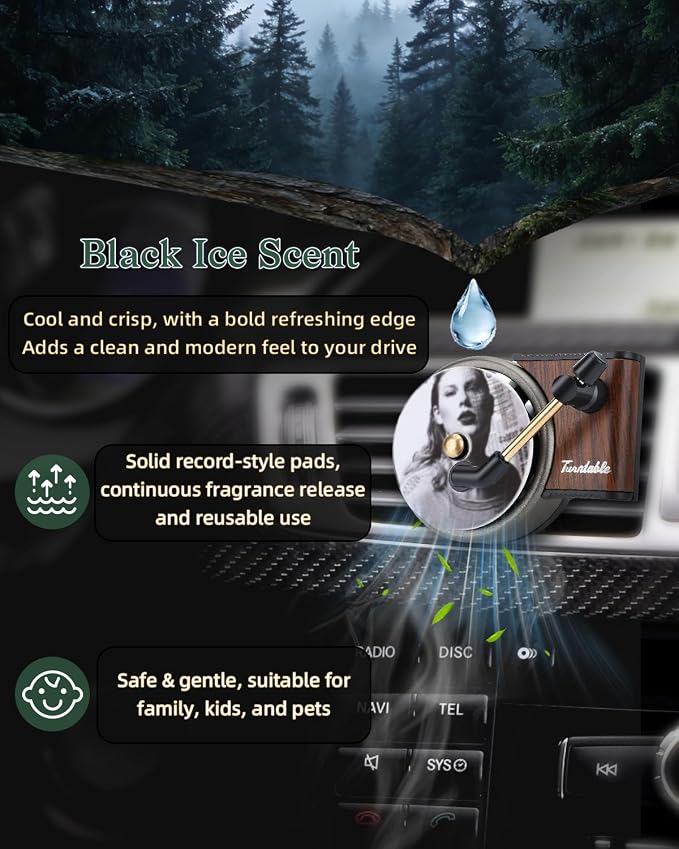 Record Player Car Air Freshener Vent Clip, 12PCS Vintage Album Style Refill Pads, Taylor Air Freshener Car Decor Accessories, Black Ice Scent Air Fresheners for Car, Music Lovers Gifts