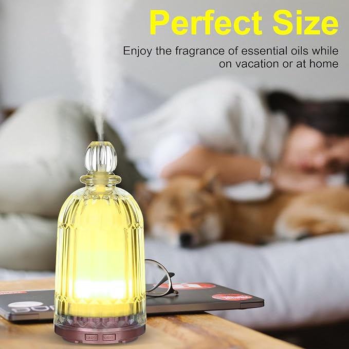 120ml Glass Essential Oil Diffuser, Ultrasonic Aroma Diffuser Glass Cover & Plastic Reservoir with Auto Shut-Off 7 Colors LED Lights for Home Office Bedroom(Bronze Base)