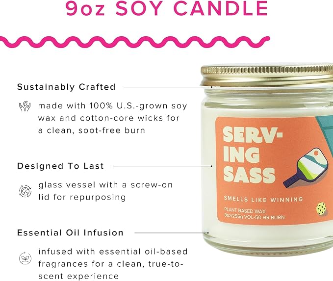 Serving Sass Soy Wax Candle – Rose, Clove & Patchouli – Pickleball Gift Candle, 9 oz Clean Burn