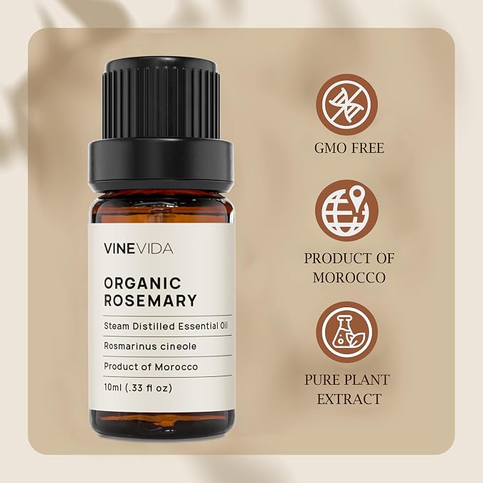VINEVIDA Organic Rosemary Essential Oil 10 mL - Pure, Undiluted, Vegan, Reusable Glass Bottle with Euro Dropper for DIY Projects