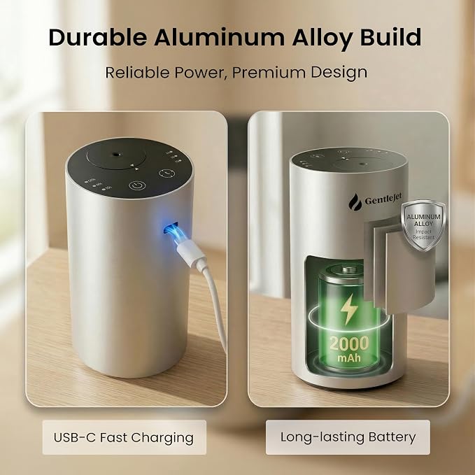 GentleJet LiteMist Waterless Rechargeable Aroma Diffuser for Bedroom, Office & Car, Cold-Air Essential Oil Mist, Aluminum Body, 20ml