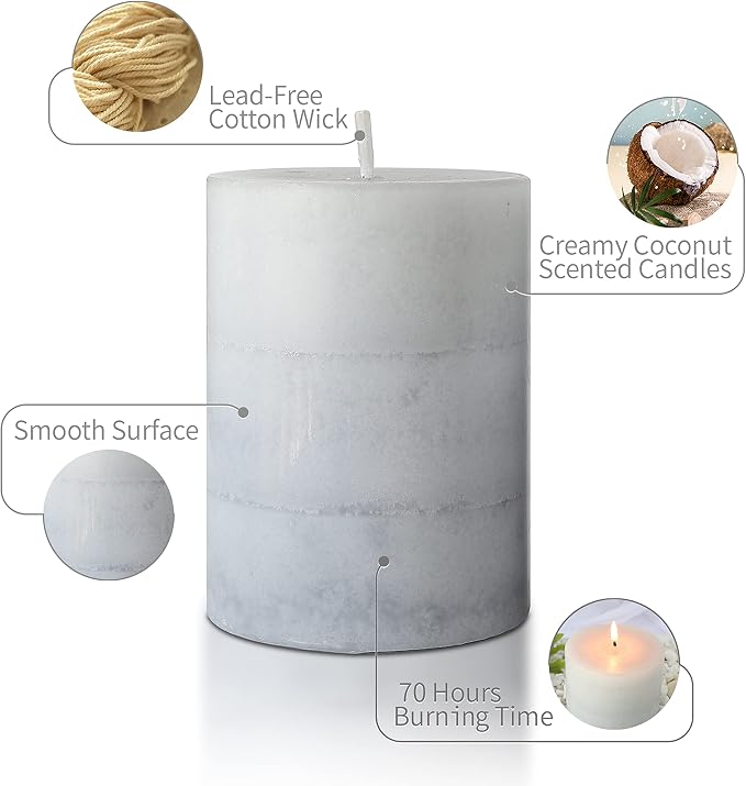 CRYSTAL CLUB Scented Pillar Candles, Aromatherapy Creamy Coconut Scented Candles, Clean Burning and Dripless Heritage Fragrance Candle, Tall 3x4 Inch Candles for Summer Home Party Décor