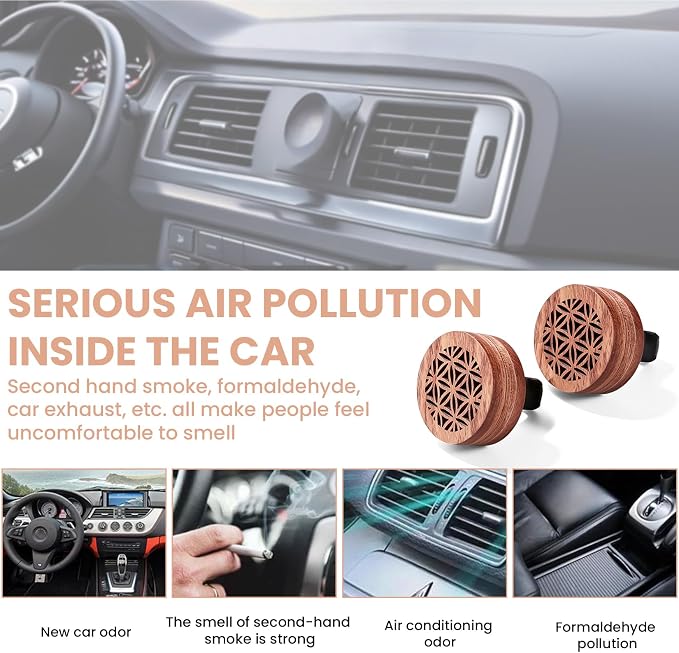 2PCS Car Essential Oil Diffuser: Natural Rosewood Vent Clip Freshener, Volcanic Stone Slow Release Aroma Diffuser for Auto Home Office Bedroom Indoor Use