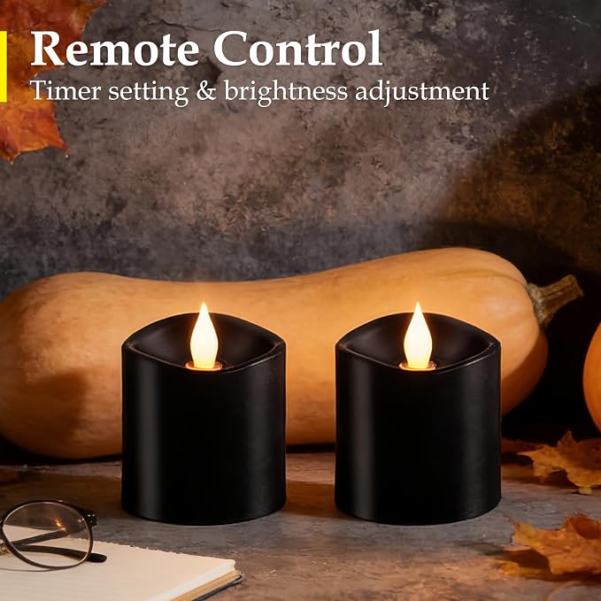 Black Flameless LED Candles, Black Battery Operated Candles with Remote Timer, 3"x3" Real Wax 2-Pack, 3D Flickering Flame Last 600+ Hours, Ideal for Halloween Christmas Gothic Home Decor