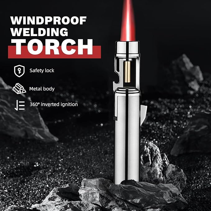 Torch Lighter, Straight Flame Bright Lighters, Windproof Adjustable Flame Color with Safety Lock, Lightsaber Torch Flame for Outdoor, Campfires, BBQ, Candles, Camping
