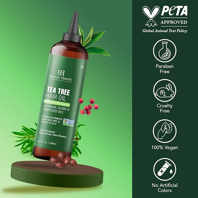 Botanic Hearth 100% Pure Tea Tree Scalp Oil for Hair Growth, Dandruff & Itchy Scalp Relief 6.7 Fl Oz | Infused with Coconut Oil | Repairs Dry Damaged Hair & Strengthens Hair | All Hair Types