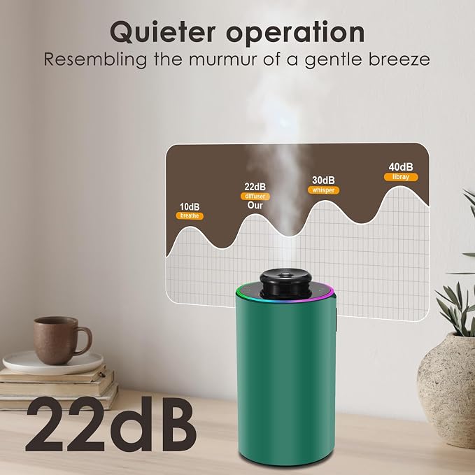 Waterless Essential Oil Diffuser with 8 Color LED Night Light, 3 Mist Levels & Timers, Portable Rechargeable Aromatherapy Diffuser for Home Car Room Studio Office, Metal (Green)