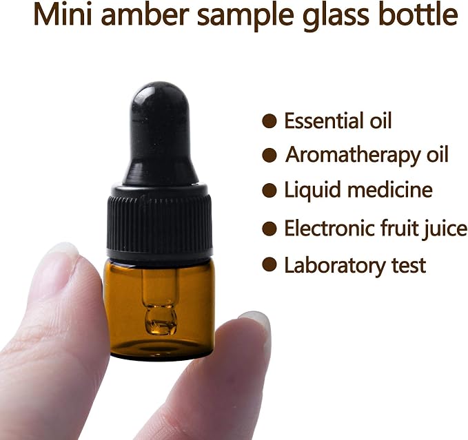 Sample Dropper Bottles, Mini Dropper Bottles with 2 Pcs Plastic Droppers for Traveling Essential Oils DIY Cosmetic Liquid Sample Perfume (Amber, 1ML)