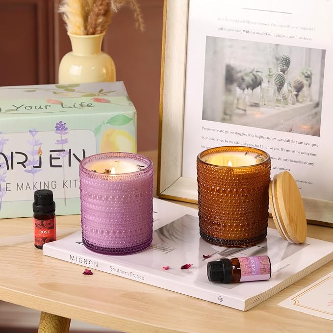 DARJEN Candle Making Kits for Beginners, DIY Starter Scented Candles Making Kit - 2 Glass Jars(Purple, Amber), Soy Wax, Scented, Card & More, Full Soy Candle Making Supplies Set Perfect Gifts