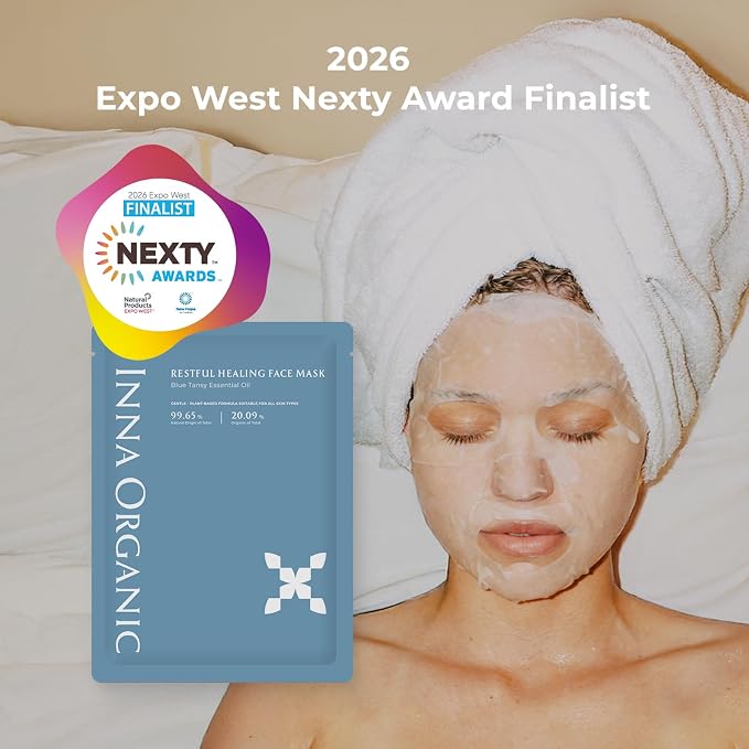 INNA ORGANIC Organic Sheet Mask - Nexty Award Finalist, Sleep Well Glow, Overnight Renewal, Restful Healing, Sustainable & Clean Beauty (Pack of 5) | Blue Tansy Essential Oils Infused Skin Care