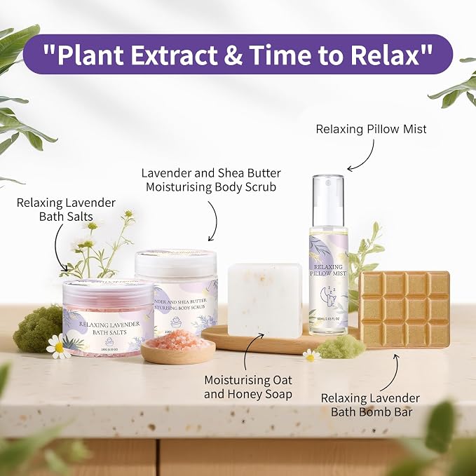 Roseye Lavender Spa Gift Set- 5pcs with Bath Salts, Shea Butter Scrub, Pillow Mist, Soap & Bath Bomb, Relaxing Birthday Christmas Gifts for Women, Mom, Sister, Girlfriend, Home Spa Care