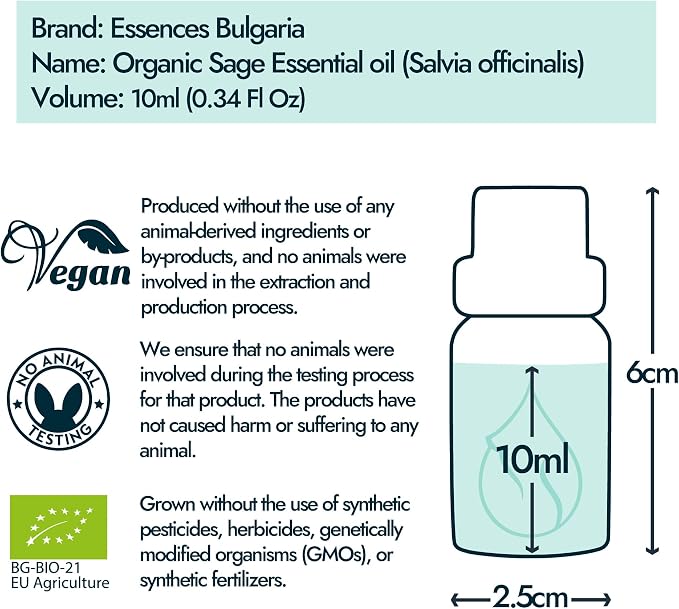 Essences Bulgaria Organic Sage Essential Oil 1/3 Fl Oz | 10ml | Salvia officinalis | 100% Pure and Natural | Undiluted | Therapeutic Grade | Family Owned Farm | Steam-Distilled | Non-GMO | Vegan