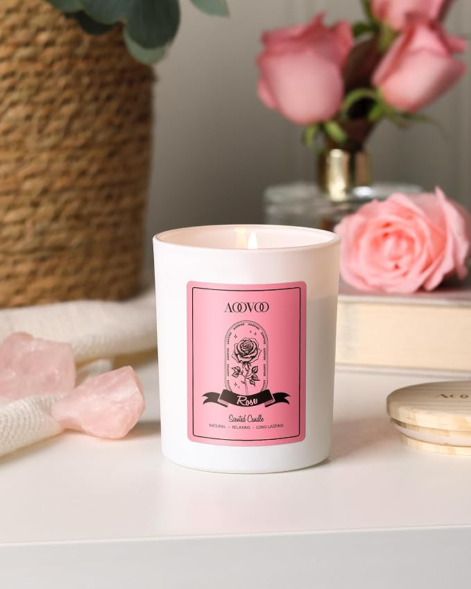 AOOVOO Rose Scented Candles for Women - Aromatherapy Candle with Crystals Inside, 7oz Soy Candles for Home Scented, Valentines Day Birthday Gifts Valentines Day Candle for Women Mom (Pack of 2)
