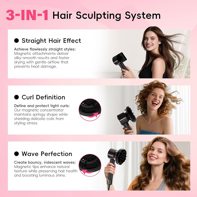 CINOSTAR Hair Dryer, Fast Drying Blow Dryer with Diffuser, with 110, 000RPM Brushless Motor&Ionic Technology No Heat Damage, Lightweight for Women and Travel, Low Noise, Black & Blush Rose