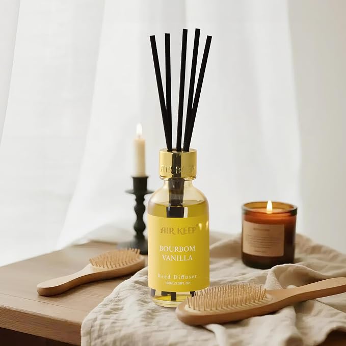Airkeep Reed Diffuser Set, 3.38 fl oz (100 ml) - Bourbom Vanilla Oil Diffusers with 8 Reed Sticks, Home Fragrance Reed Diffuser for Bathroom Shelf Decor