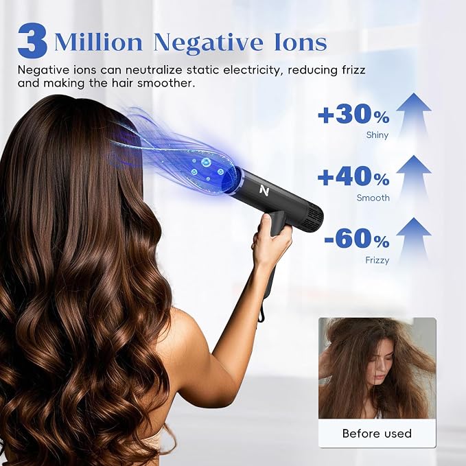 Natrial Ionic Professional Hair Dryer with Diffuser for Curly Hair,1600W&110000RPM High Speed Blow Dryer for Women,Fast Drying,Lock Function,Low Noise,Lightweight for Home Travel Salon,Dark Gray