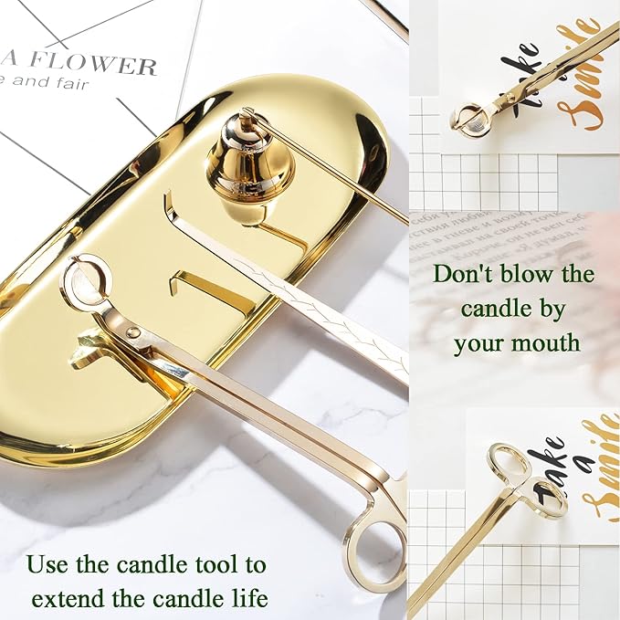 UCINNOVATE 4 in 1 Candle Accessory Set - Wick Trimmer, Snuffer, Dipper, Storage Tray for Candle Lovers, Holidays (Gold)